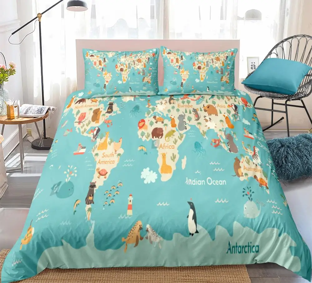 

Animals World Map Bedding Kids Boys Girls Cartoon Animals Map Duvet Cover Set Ocean Quilt Cover Queen Bed Set Blue Dropship