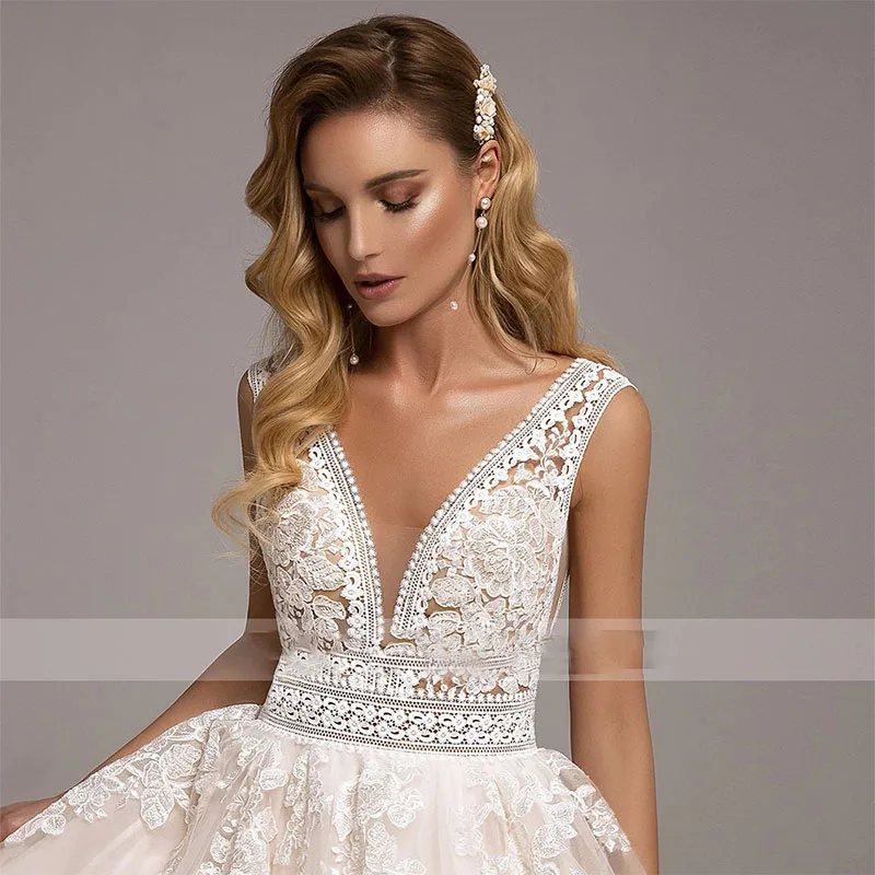 Backles vestidos de novia renda vestido de casamento 2021 a linha com decote em v tule appliqued baratos boho vestidos bidal robe de mariee