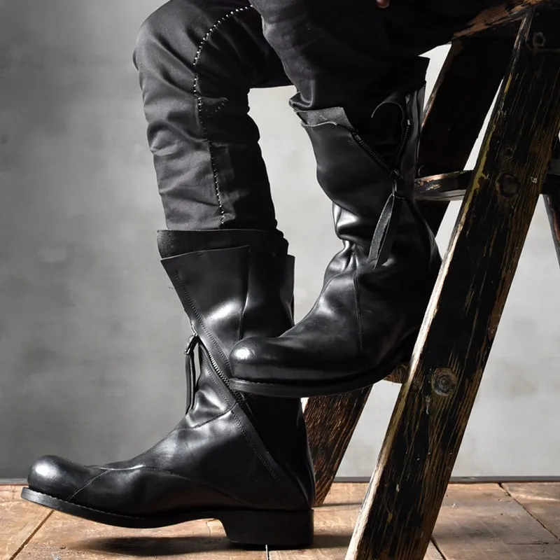 High Quality Designer Asymmetrical 100% Genuine Leather Boots Men Punk Black Cowboy Shoes Fashion Mens Biker Long Boots 35-46