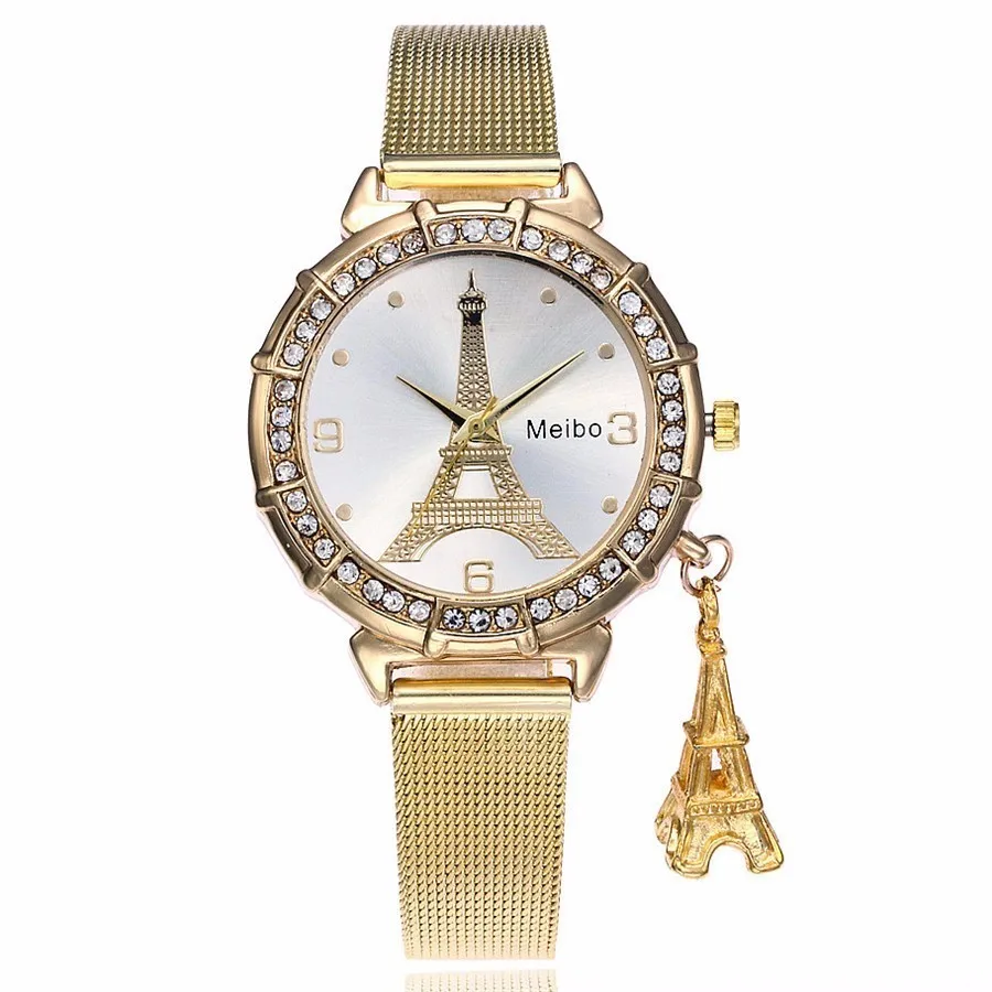 Vogue Women Rose Gold Eiffel Tower Pattern Watch Pretty Ladies Stainless Steel Tower Pendant Quartz womens watches top Nice