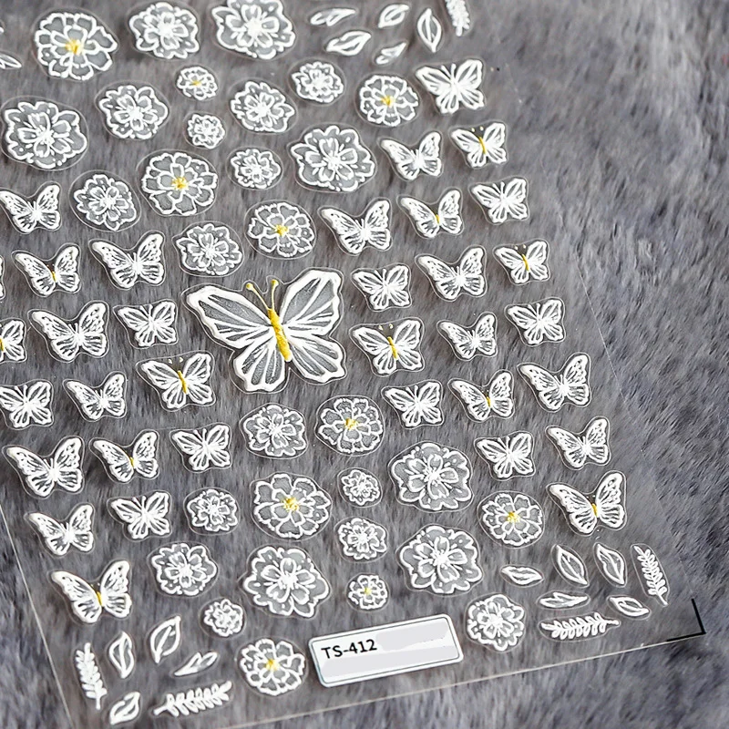 New 5D Engraved Nail Sticker Spring White Color Butterfly  Shape Charm Desgin Empaistic Nail Slide Decals Z0391