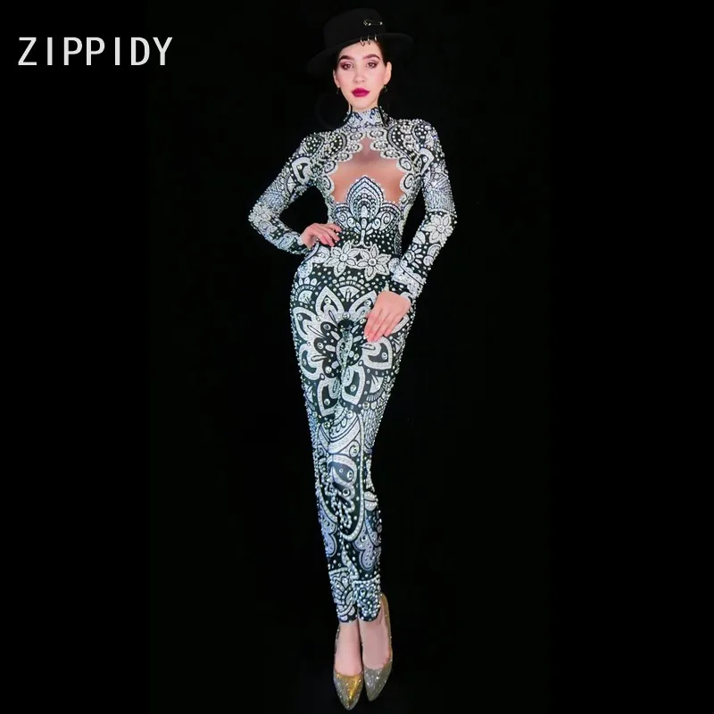 

Black White Pearl Rhinestones Jumpsuit Bar Birthday Celebrate Leggings Outfit Evening Women Singer Dance Outfit