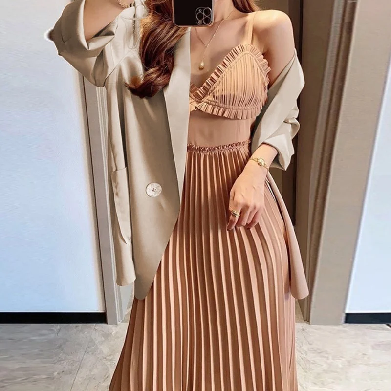 Women's 2023 New Early Autumn Suit Korean Casual Suit Jacket Long-sleeved Temperament V-neck Suspender Skirt Two-piece Suit