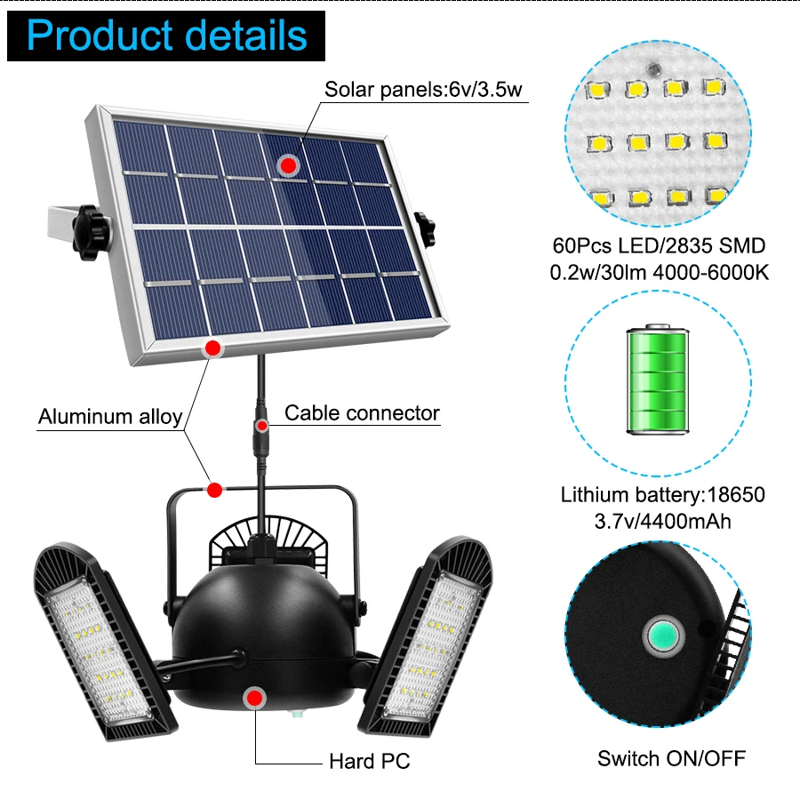 Lámpara Solar con 3 cabezales, luz ajustable con Control remoto, temporizador 2/4/6, impermeable, para exteriores, jardín, 60 led, novedad