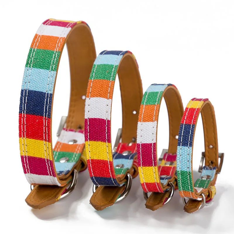 

Rainbow colorful traction rope colorful pet collar canvas + PU matching traction belt adjustable Multi Size PU cat dog supplies