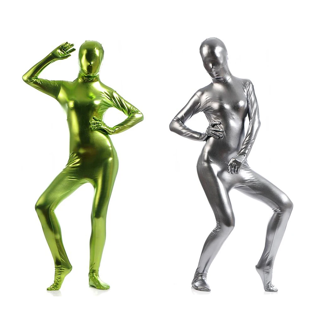 Free shipping bodysuit metallic zentai suit Shiny Grass Green women Unitard Catsuits Metallic Footed Zipper Zentai Bodysuit