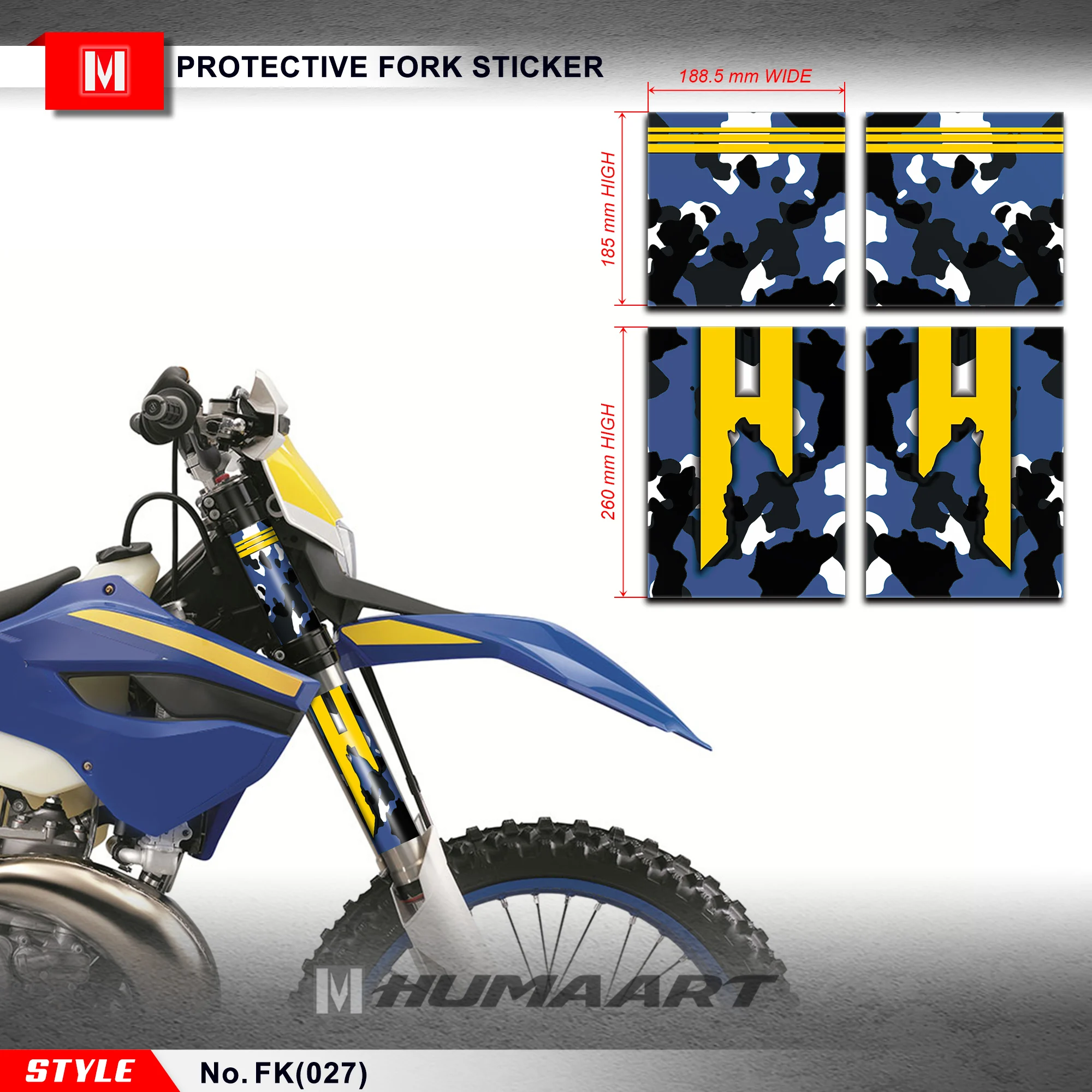 HUMAART Front Fork Leg Stickers Set Custom Vinyl Decals Graphics for YZ YZF WR 125cc+ Dirt Bike Universal Blue Yellow Black