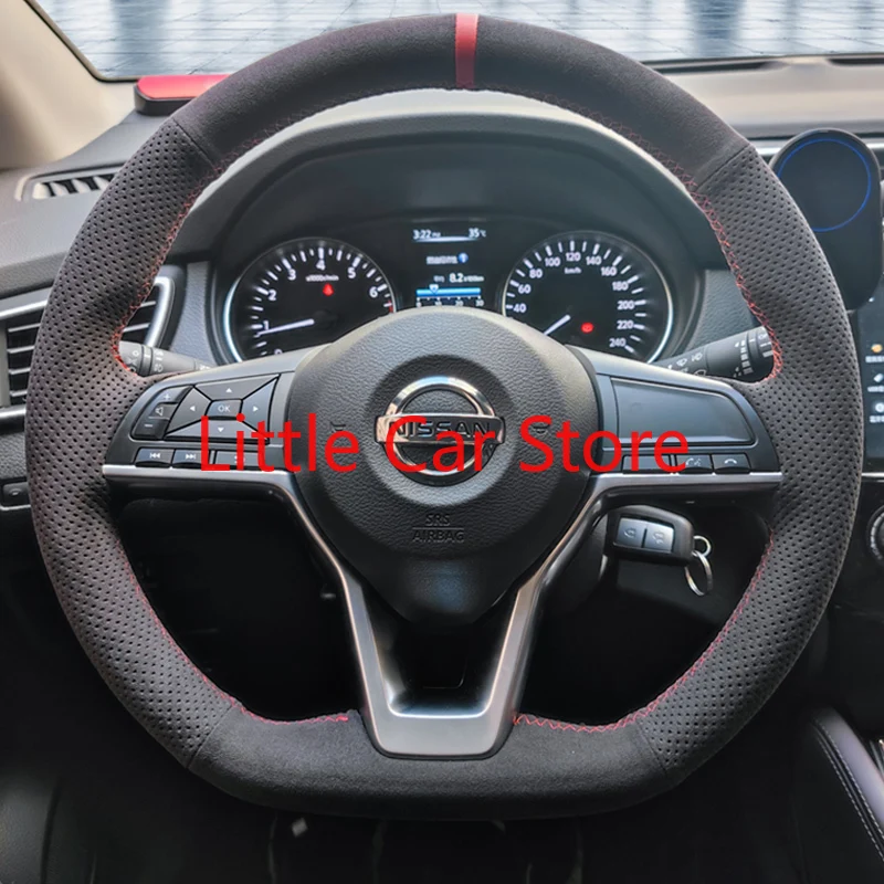 

For Nissan Sylphy Qashqai Tiida X-Trail Teana 2021 DIY Sew By Hand Top Black Suede Steering Wheel Cover Car Interior Accessories