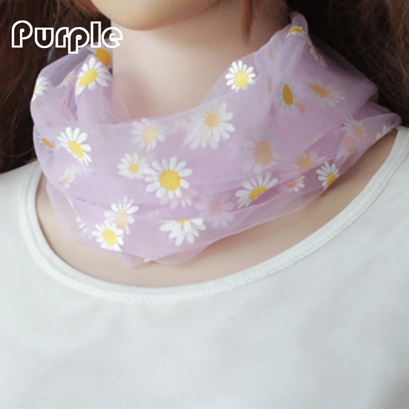 Women Silk Scarves Elegant Daisy print Mesh Bib Scarf Lace Scarf Fake Collar Fashion Lady Neck Chiffon Scarves Sun Protection