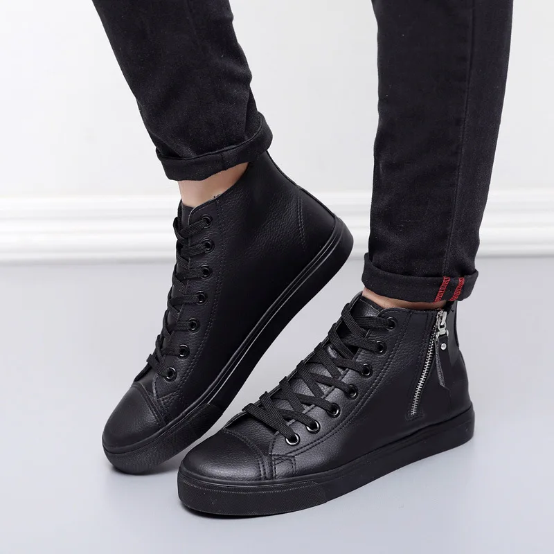 Pu Leather Sneakers Men Spring High Top Sneakers White Shoes 2020 Side Zipper Male Fashion Ankle Shoes Sneakers Flats