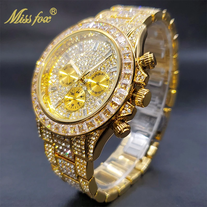 MISSFOX Men Watches 2021 Luxury Large Case With Baguette Full Diamond Quartz Wristwatch Chronograph Calendar Watch Droshipping