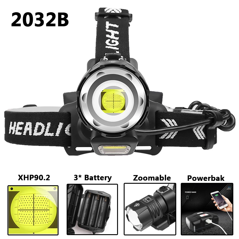 XHP90.2 Super Bright Led Headlamp Usb Rechargeable 18650 Battery Zoomable Waterproof Head Flashlight Lamp Lantern for Camping