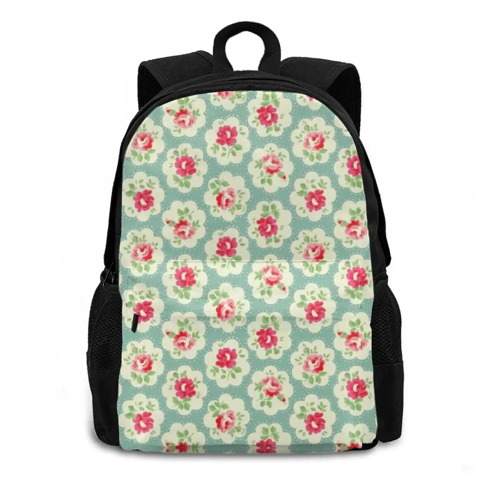 Flowers Design Bag Backpack For Men Women Girls Teenage Black Floral Flowers Pattern Pretty Vintag Pink Girly Roses Shabby Chic