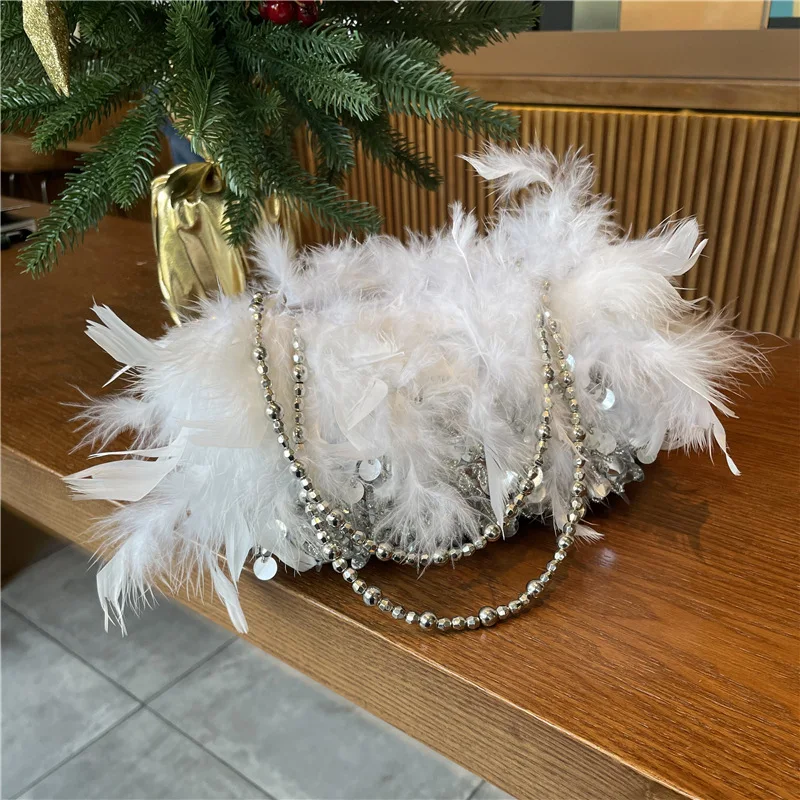 Fashion Pearl Beading Women Handbag Ladies Clutch Party Evening Bags Real Feathers Chain Shoulder Bag Princess Crossbody Bags