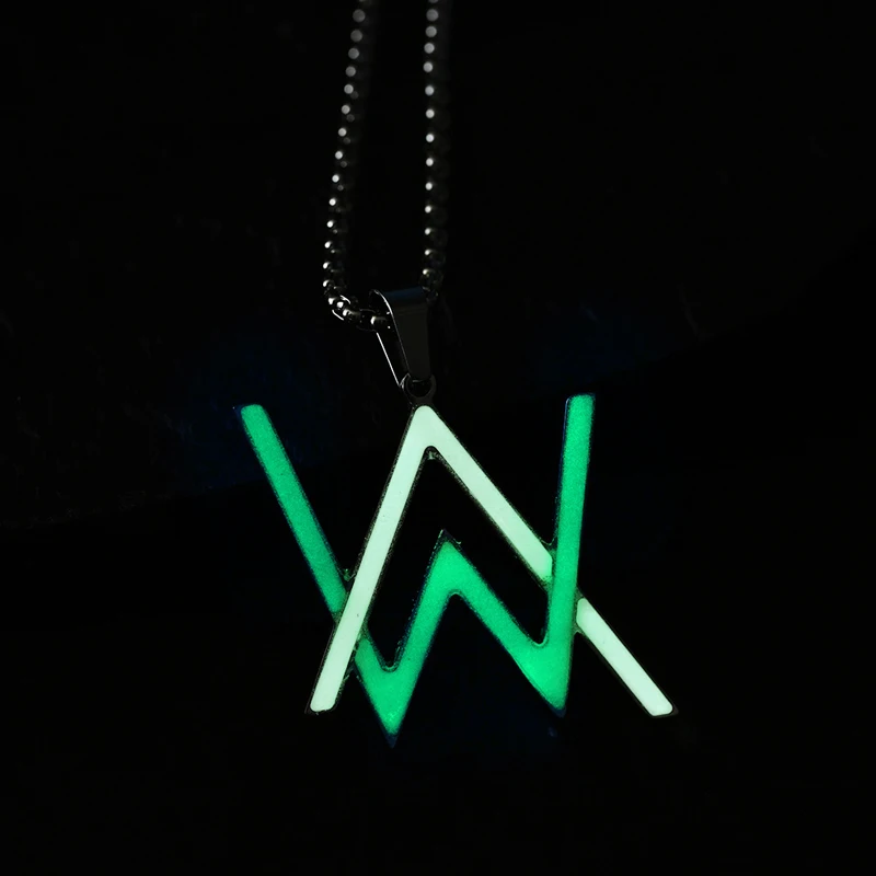 Stainless Steel Night Glowing Necklace Alan Walker Luminous Pendant Necklace AW Letter Glow Popular Jewelry Hip Hop Rock Star