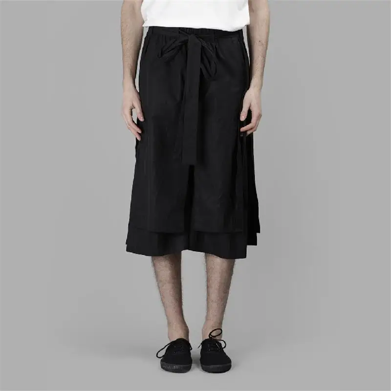 

Men's multi-layer streamer irregular niche design skirt hem Japanese lace seven-point tie wide leg pants