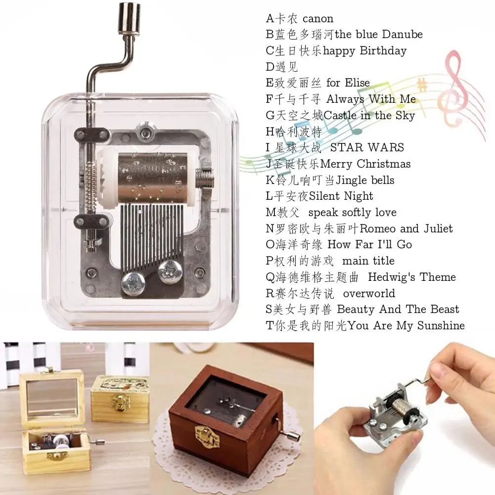 1 pçs 20 estilos mini mão cranking música movimento diy caixa de música transparente feliz natal uma variedade de música disponível