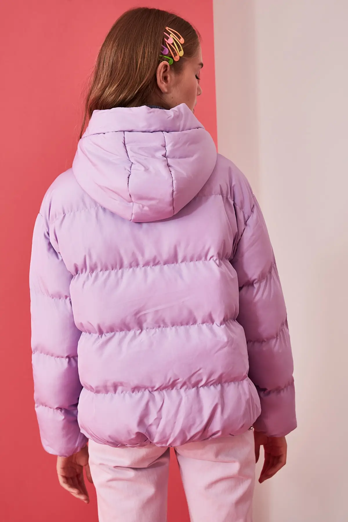 Women Lilac Hooded Inflatable Coat TWOAW21MO0022 Model Dimensions Length 1.77 Bust: 82, Waist: 59, Hip: 88