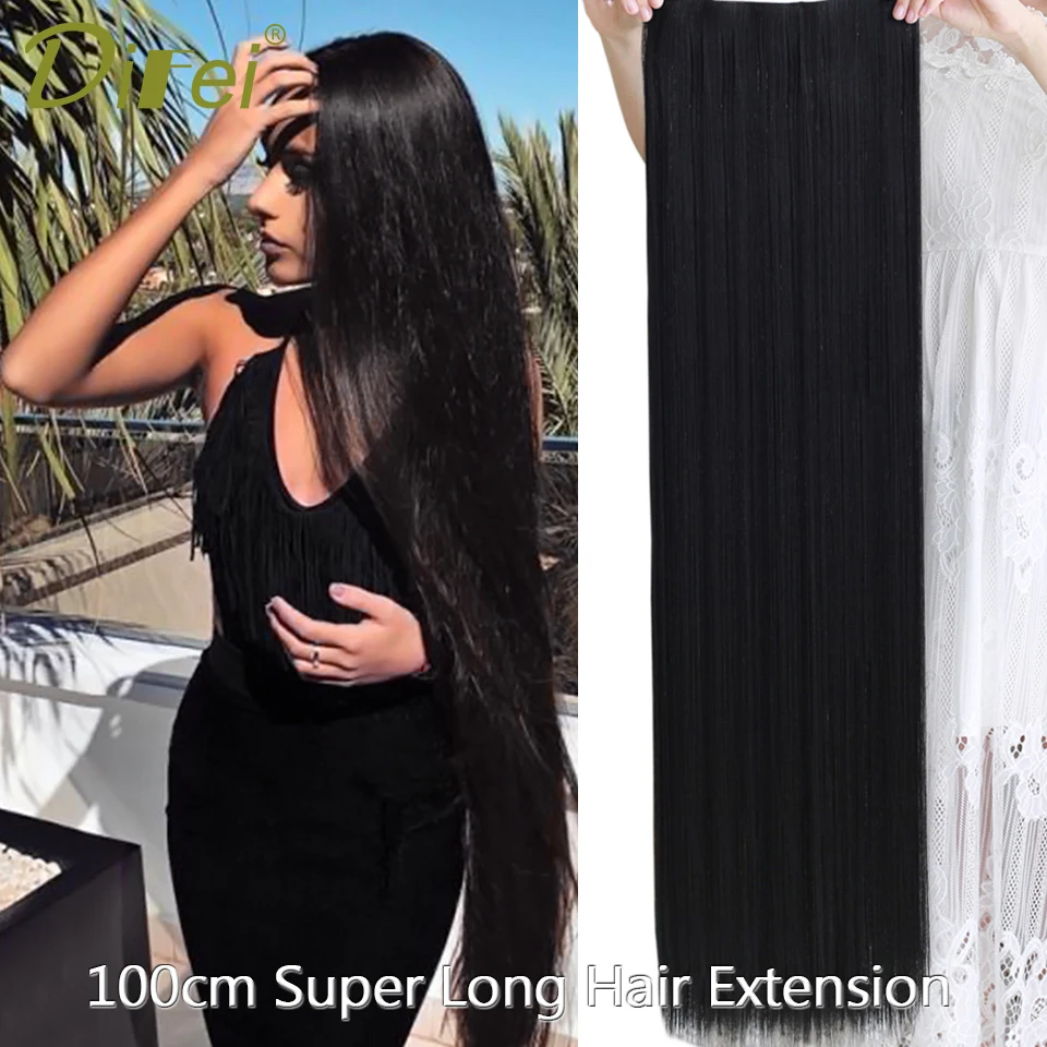 Difei super longo reta peruca invisível natural sintético 5 clipe em uma peça extensão do cabelo para as mulheres preto marrom 38 polegada