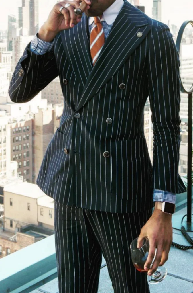 2021 Black Striped Suit Men Vintage Tailored Slim Business Suits Dinner Suits Prom Dresses Groom Wear  Two Pieces(Jacket+Pants)