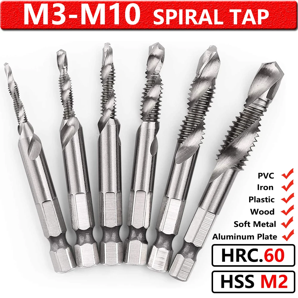 

6Pcs M3-M10 HSS Screw Metric Thread Tap Drill Bits Set 1/4'' Hex Shank Thread Cutter Countersink Metric Tap Bit Hand Tool D30