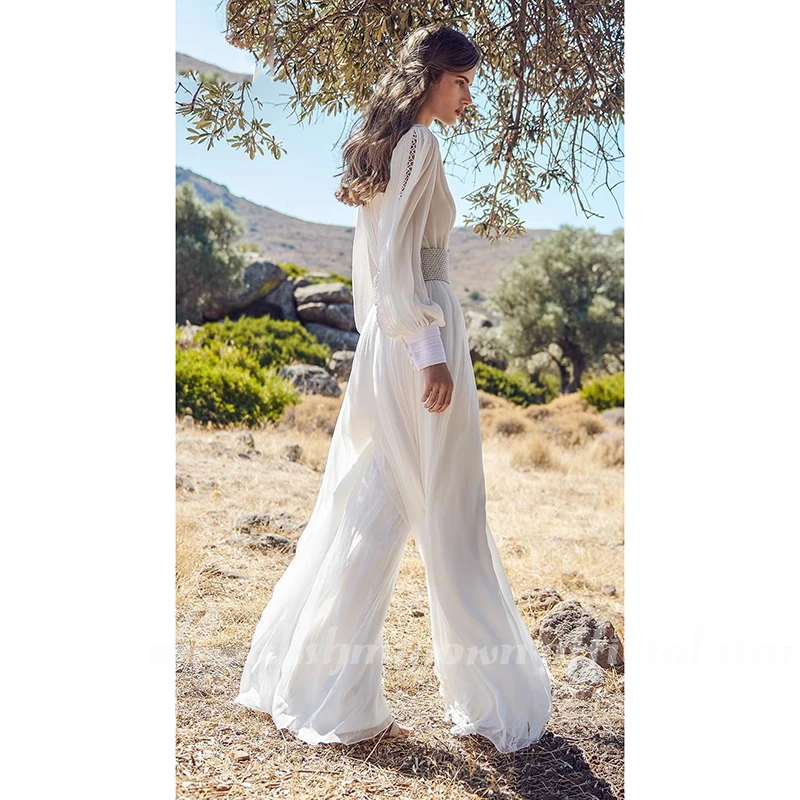 White Wedding Jumpsuits Deep V Neck Bead Belt Long Sleeve Bohemian Wedding Dress Custom Made Pants Suit Beach Robes De Mariée