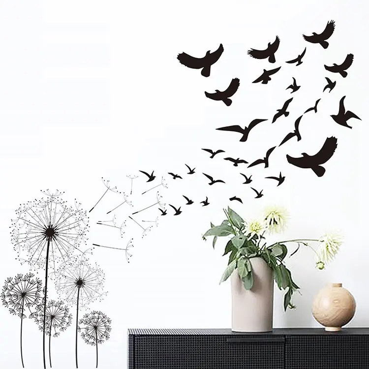 Kreative Wandsticker mit Motiven von Löwenzahn und fliegenden Vögeln, zur Dekoration von Wohnzimmern, als Hintergrund für Sofas, als Wandbild, für Schlafzimmer und zur Gestaltung von Wohnräumen, abnehmbare Tapete. – Detail 3