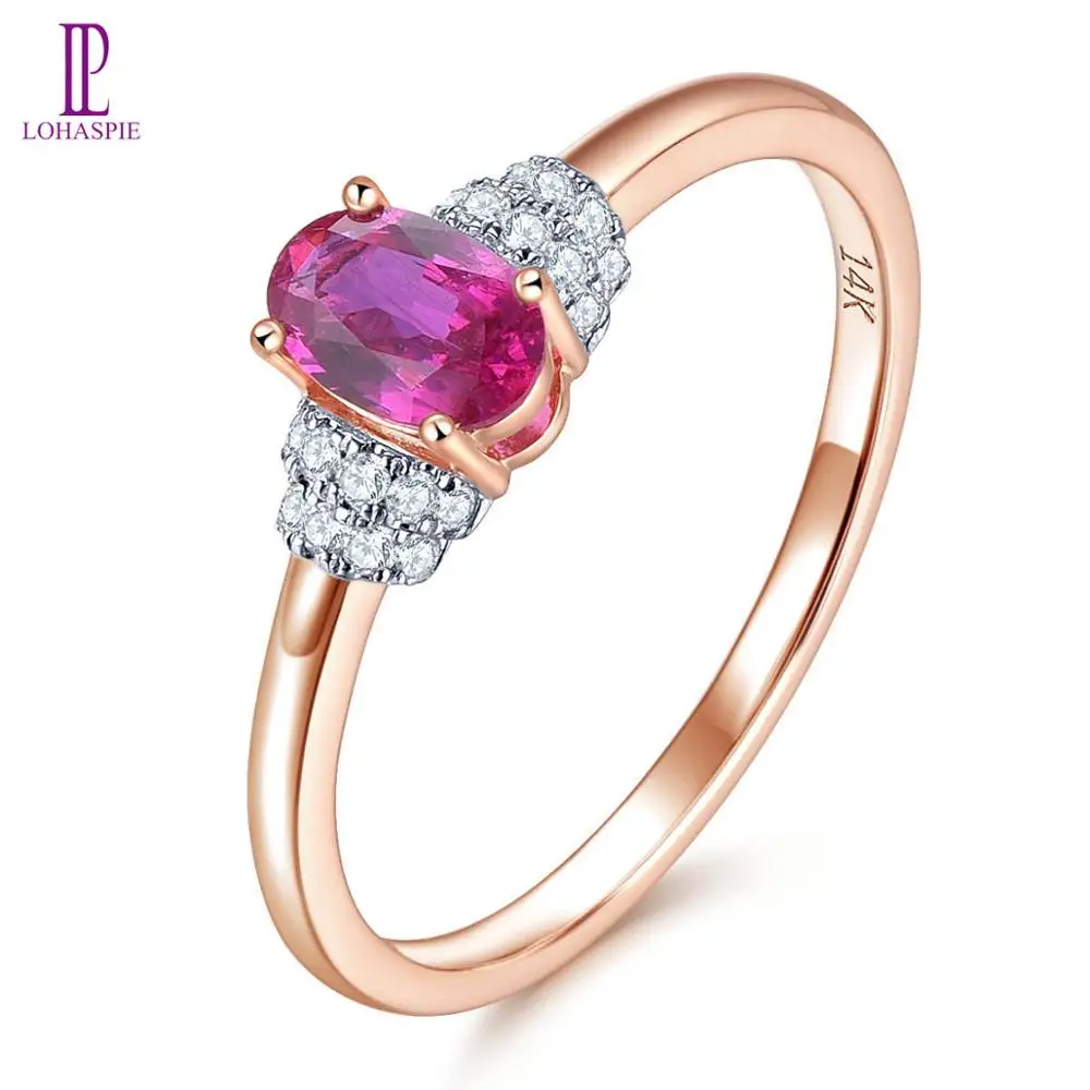 

Lohaspie Natural No Heated Ruby & Diamonds Ring Solid 14 K Rose Gold Fine Jewelry Classic Style Rings for Valentine's Day Gift