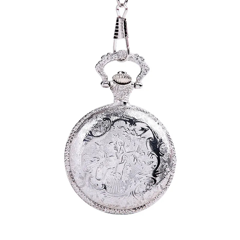 Luxury Vintage Silver Carving Three People Cycling Wings Vintage Pocket Watch and Waist Chain Men's and Women's Accessories