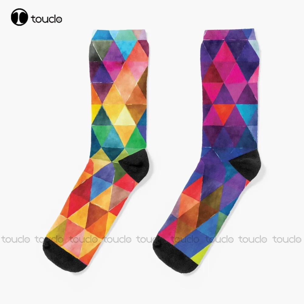 

Watercolor Triangles Pattern Bright Colors Socks Long Socks For Women Christmas Fashion New Year Gift 360° Digital Print Custom