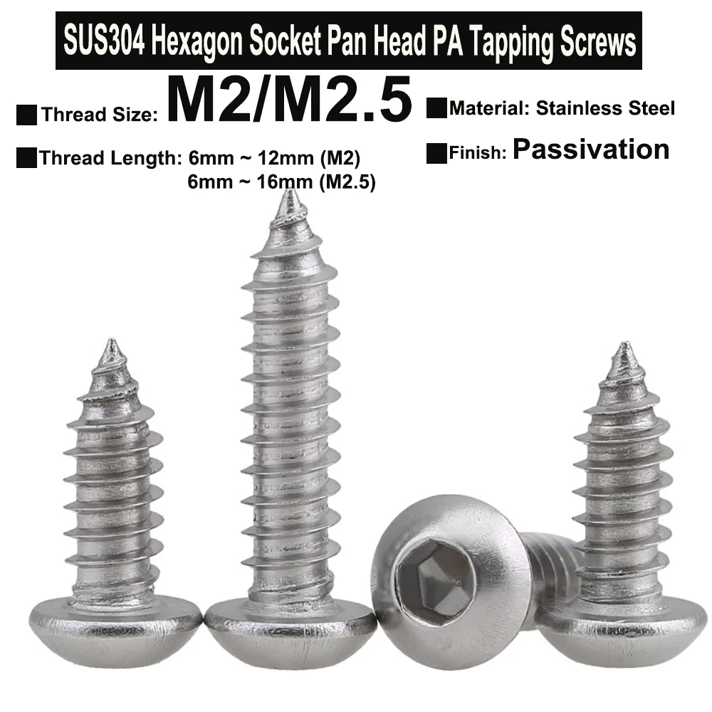 50Pcs M2 M2.5 SUS304 Stainless Steel Hexagon Socket Pan Head PA Tapping Screws Wood Screws Furniture Self-tapping Screw