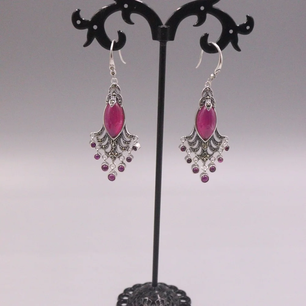 Genuine Real 925 Sterling Silver with Marquise Red Chalcedony Dangle Earrings 2.2inch Length