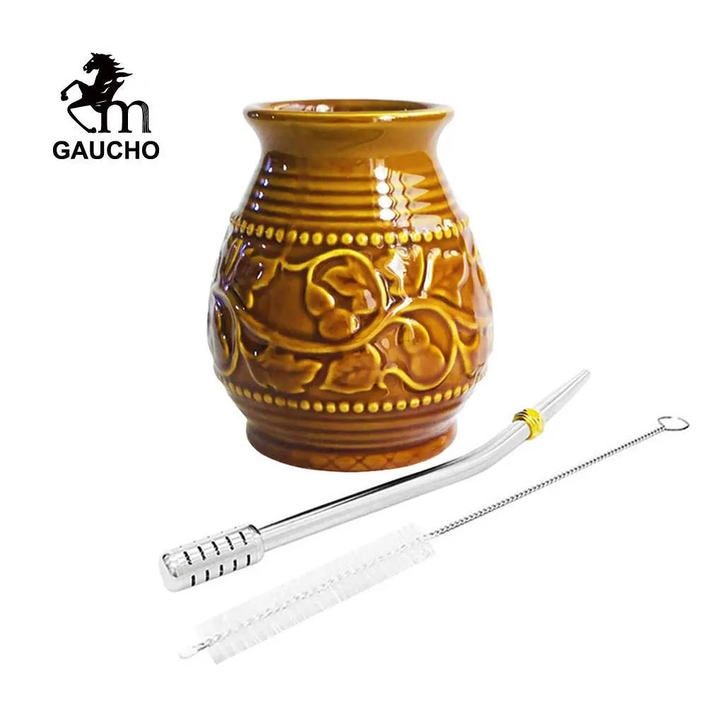 1 Set/Lot Yerba Mate Gourds Ceramic Cups 250 ML Emboss Calabash Pattern Include Bombilla Filter Straw & Cleaning Brush Hot Sale