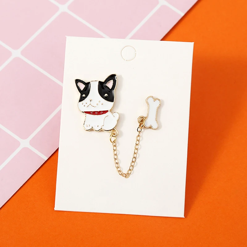 Cute Dog Cat Chain Brooches Animal Bulldog Fish Enamel Pins Badge Jackets Backpack Pin Accessories Jewelry Gift For Friends Kids