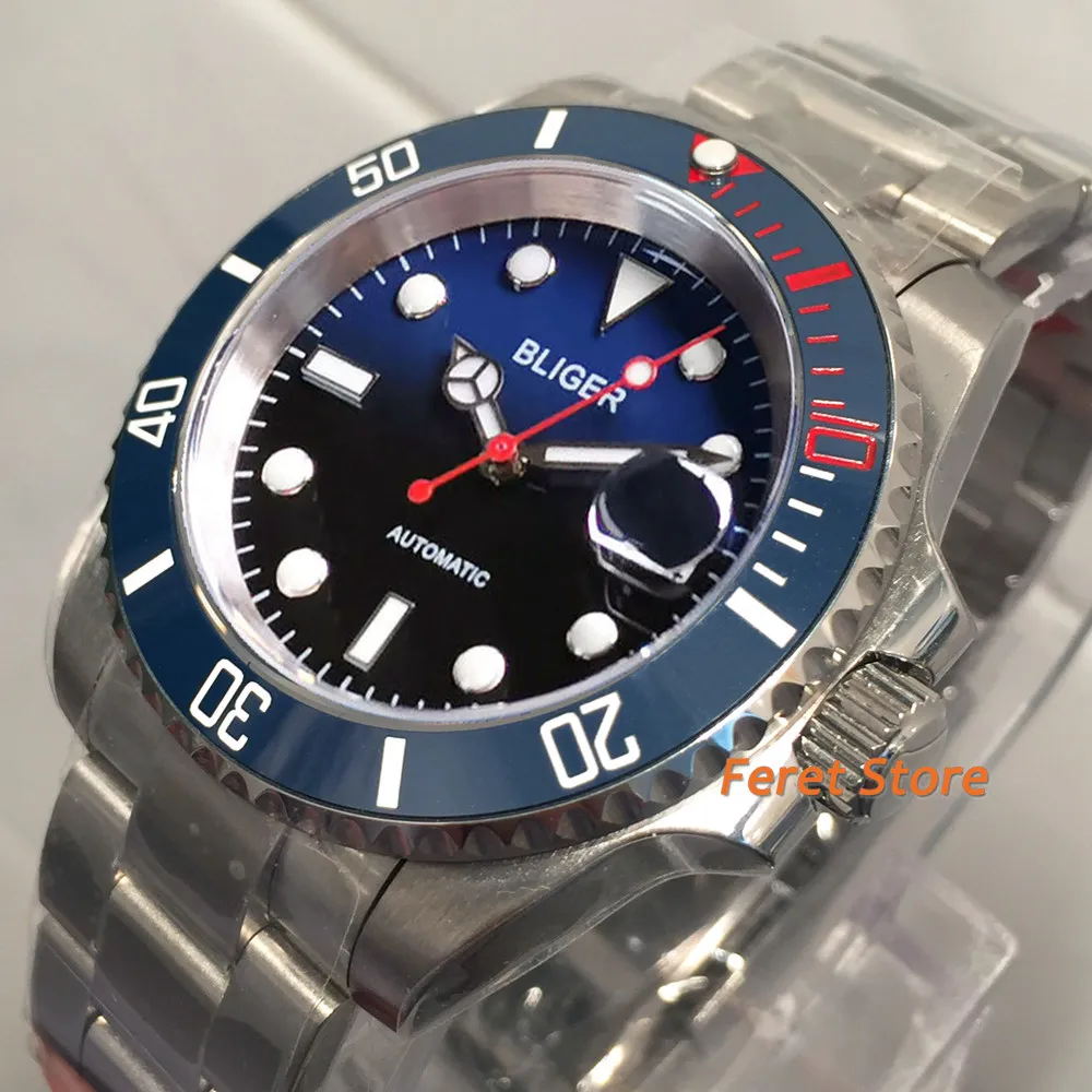 BLIGER New 40mm Men's Watch Blue Black Gradient Dial Matte Strap Red Hand Sapphire Glass NH35 Automatic Wristwatch