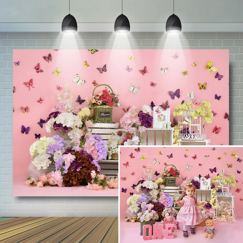 Spring Butterfly Cake Smash Backdrop Kids Baby Photostudio Props Flower Background Garden Wood Decor Newborn Photocall Props