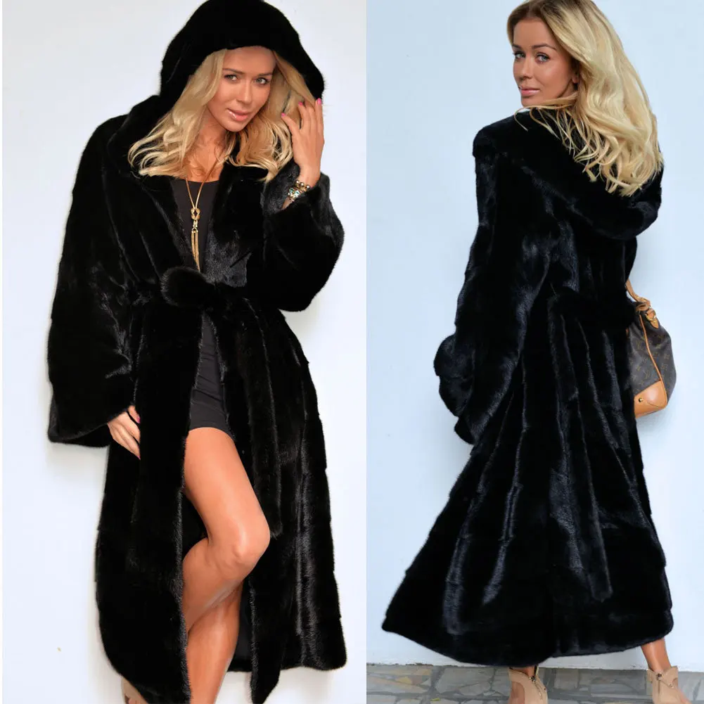 Long Hooded Mink Fur Coats Women Autumn Winter Warm Fur Coats With Belt Woman Black Casual Loose Faux Fur Overcoat Ladies Jacket