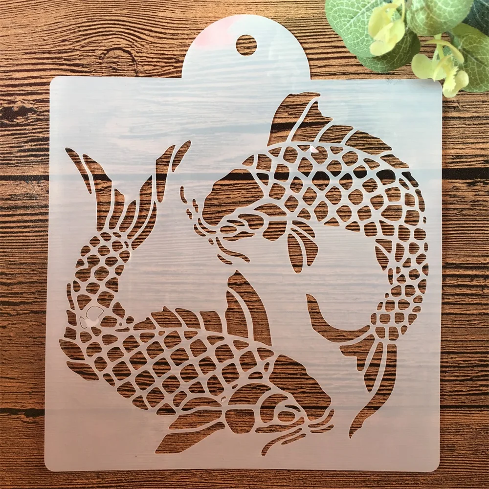 15*15cm Two Carp Fish DIY Craft Layering Stencils Painting Scrapbooking Stamping Embossing Album Paper Card Template