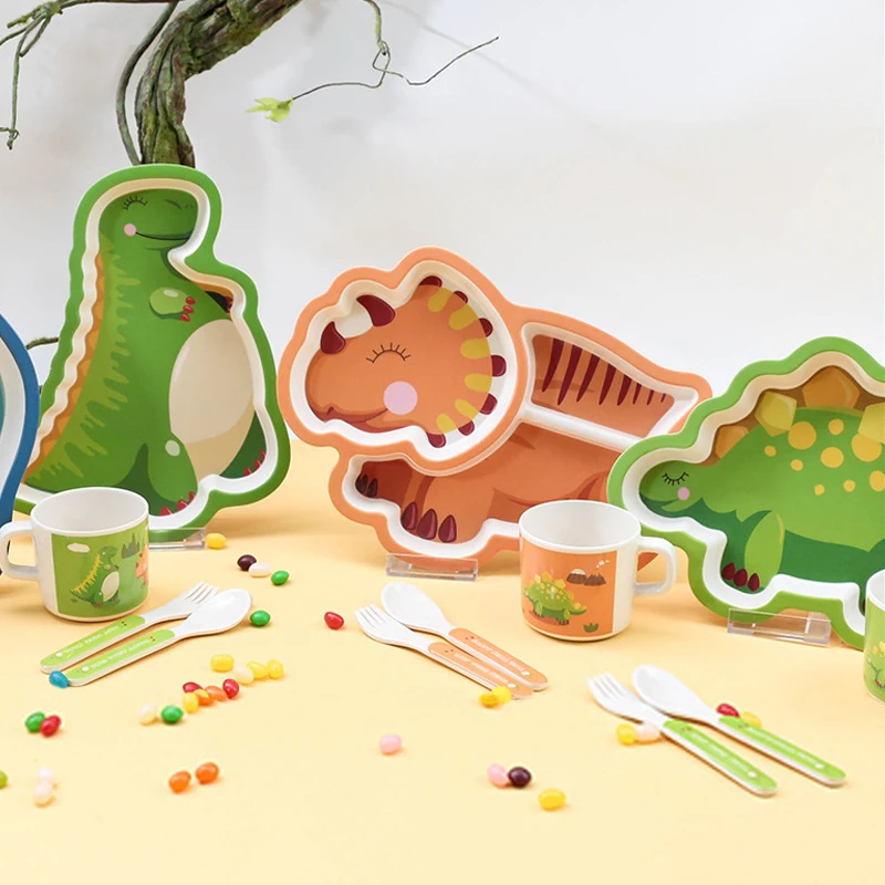 

Cartoon creative bamboo fiber children's tableware set dinosaur baby Dishes kids dinner plate feeding training bowl fork spoon