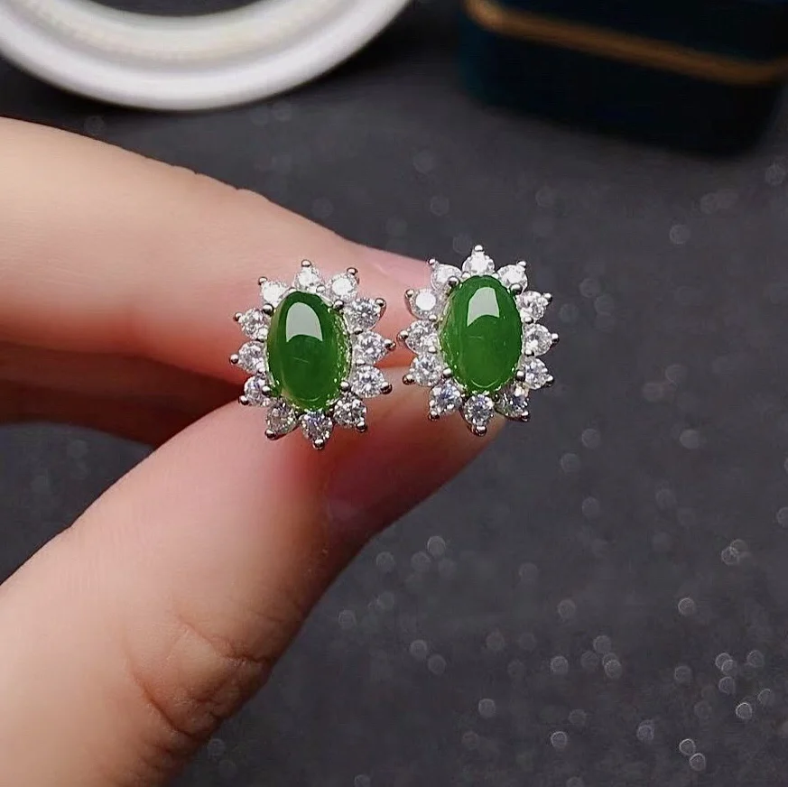 

Classic 925 Silver Jade Earrings for Daily Wear 5mm*7mm Natural Green Jade Silver Stud Earrings Solid Silver Jade Jewelry