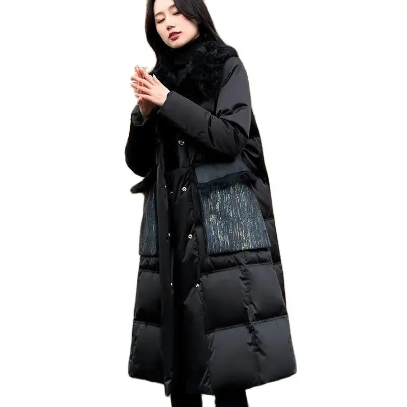 

Women New Stitching Over The Knee White Duck Down Cotton Jacket Female Winter Fur Collar Black Mid-length Korean Loose Coat A918