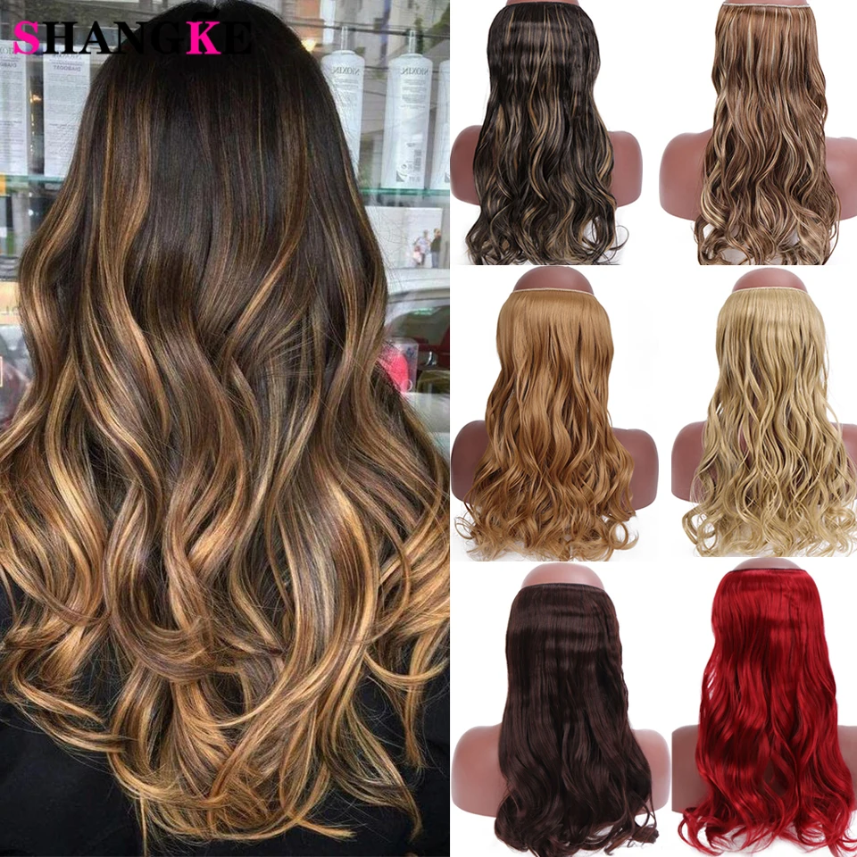 Shangke Synthetische 24 Inches Lang Krullend Golvend Haar Extension Secret Vis Lijn Haarstukken Extension Zwart Rood Ombre Golden Brown