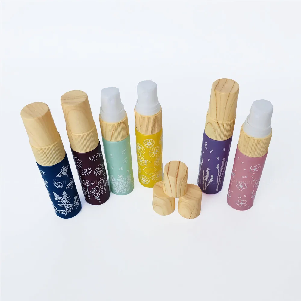 6 قطعة 10 مللي ماكرون زجاج طباعة زجاجة زيت طبيعي زجاجة سميكة الخشب الحبوب غطاء رذاذ زجاجة زيت طبيعي