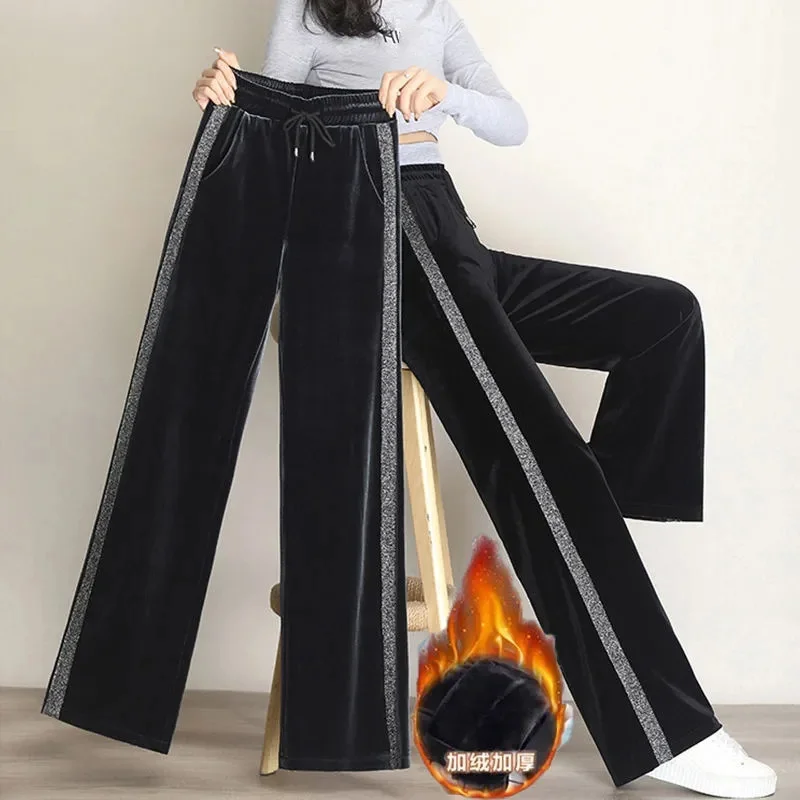 

Gold Velvet Wide-Leg Pants Women Fall/Winter Fleece/No Velvet Drape High-Waist Straight-Leg Trousers Loose Casual Pants