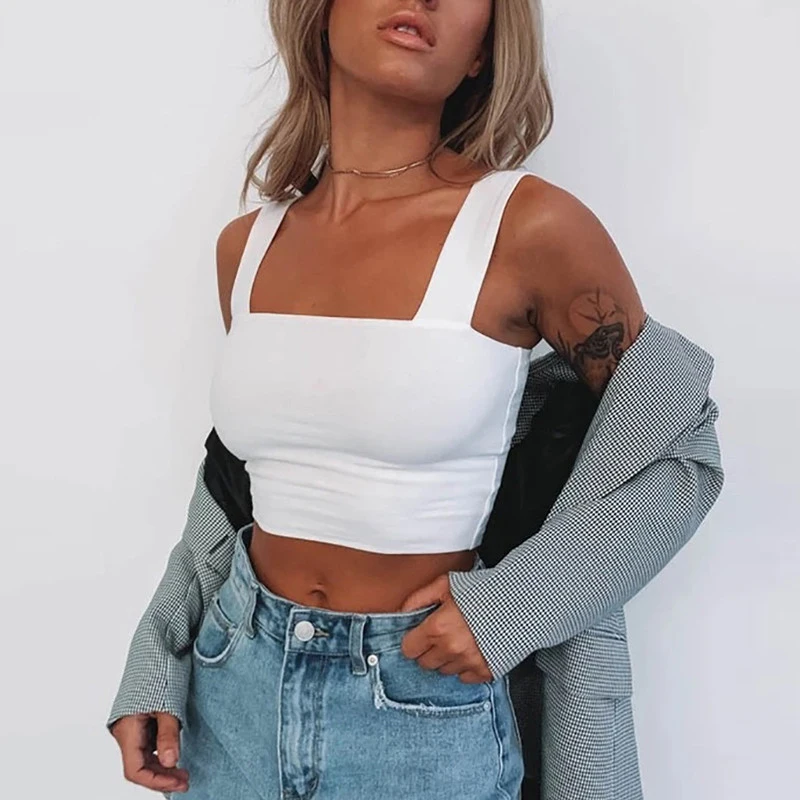 Square Neck Sleeveless Summer Crop Top White Women Black Casual Basic T Shirt Off Shoulder Cami Sexy Backless Tank Top image 4