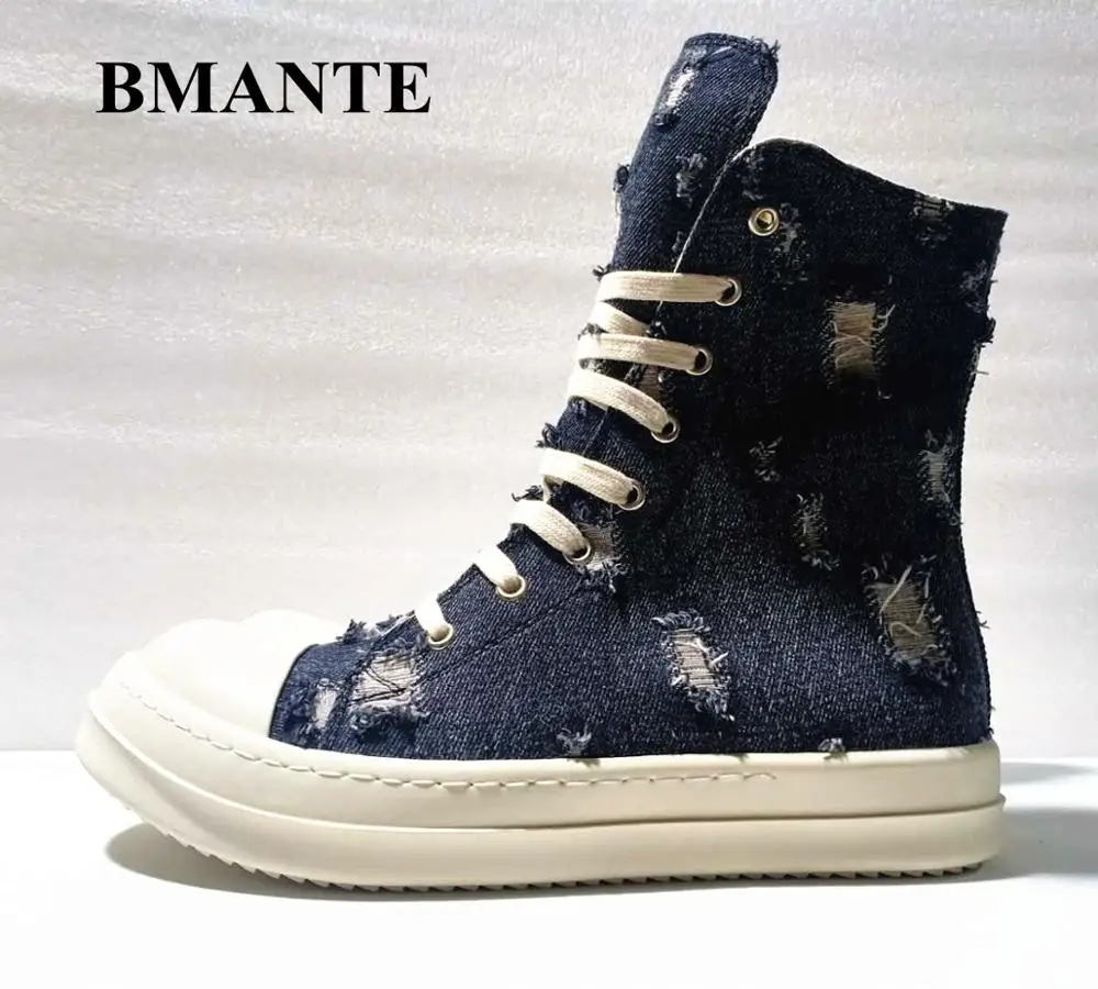 Bmante Men Shoes Canvas Denim Hole Lace Up Trainers Sneakers Dark Gothic High Street Men's Sneakers Owen Luxury Genuine Leather