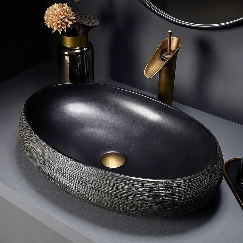 Big Oval Nordic Black Cool Style European Succinct Shampoo Bathroom Sink For Home Decoration