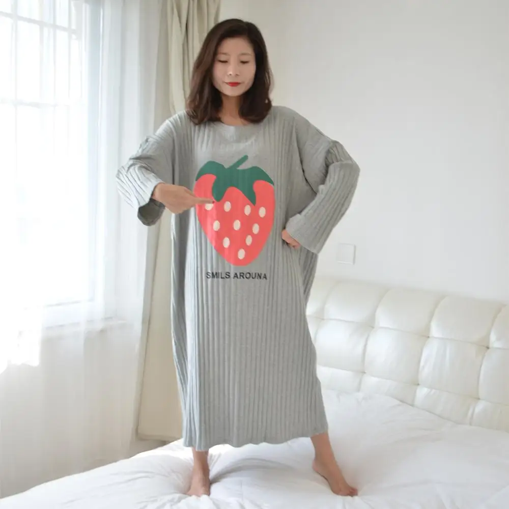 Spring Summer Women Cartoon Fruits Sleepwear Leisure Long Sleeve Nightdress Womens Nightgown Sleepwear Night Dress