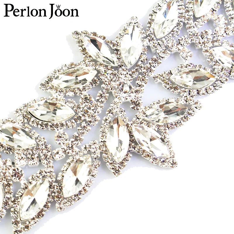 1pcs Ab rhinestone leaves patch Crystal long applique plating sliver sew on Wedding dress decoration accessories YH C035