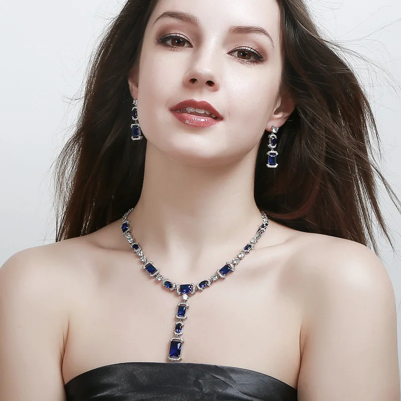 CWWZircons Luxury Long Dangle Drop Dark Blue Cubic Zirconia Women Party Earrings Necklace Bridal Wedding Jewelry Sets T356